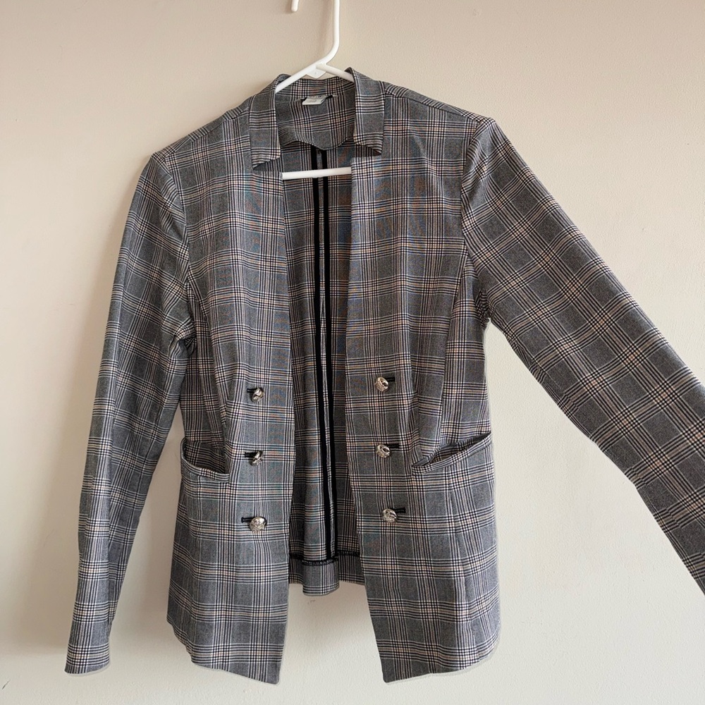 White House Black Market Gray Plaid Double-Breasted Blazer
